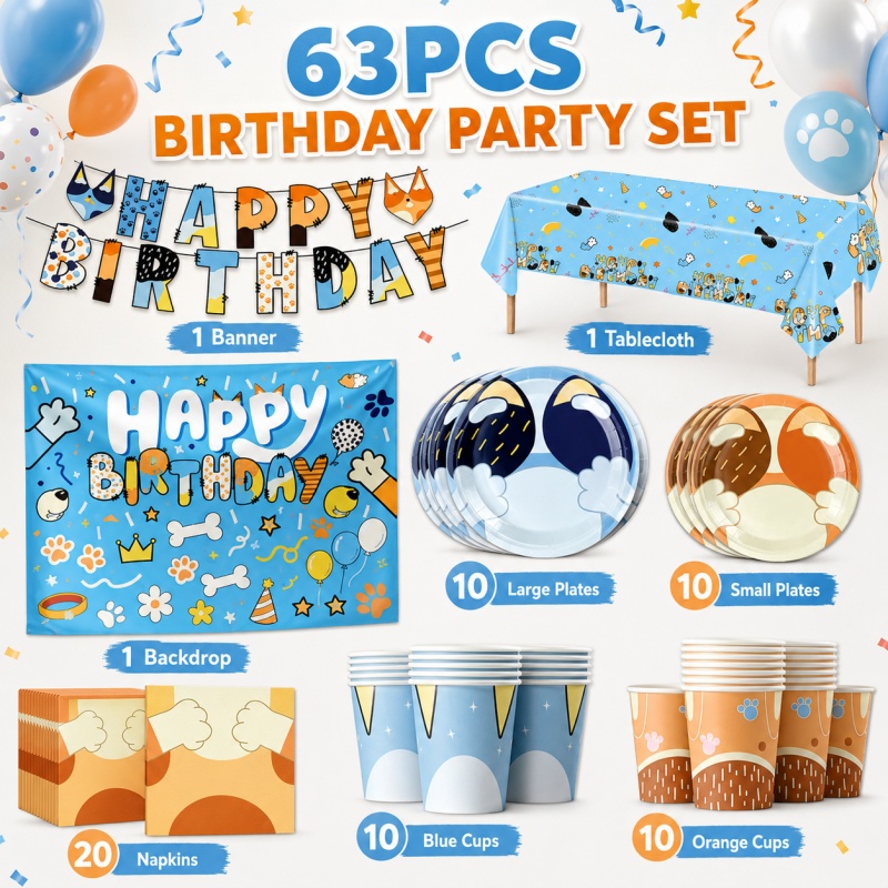 Pet Supplies In Bulk - Blue Dog Partyzubehör-Set Einweg-Cartoon-Tischgeschirr Großpackung Mehrfachmenge